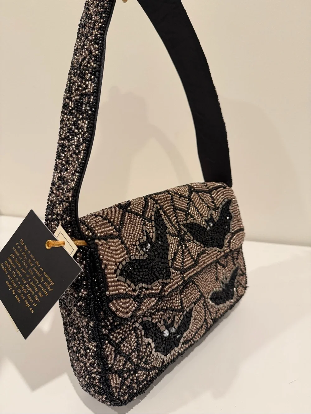 Beaded Bat Motif Shoulder Bag in Black and Champagne